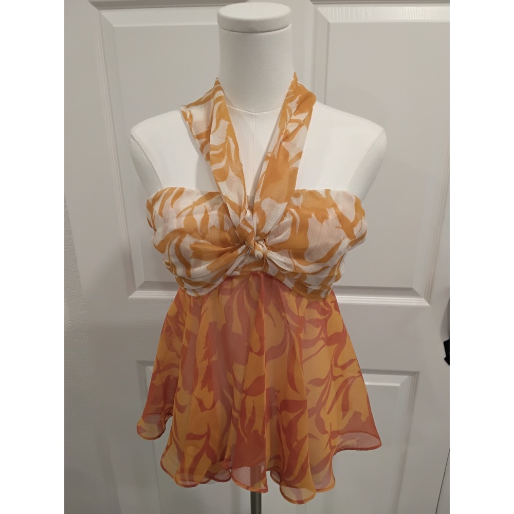 MISA LOS ANGELES Halter Neck Floral Print Flowy Tunic Top Orange White Size S